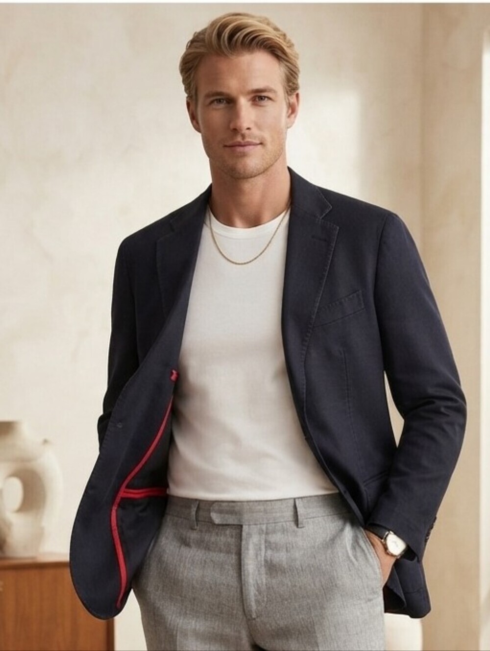 Carolina Herrera Navy 100% Cotton Sport Coat - Size 40 Red Contrast Piping
